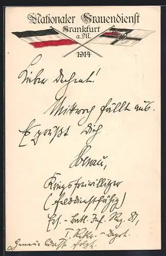 AK Frankfurt a. M., Nationaler Frauendienst 1914, Gekreuzte Flaggen