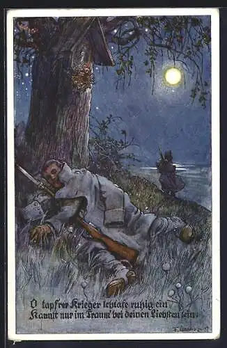 Künstler-AK F. Gareis: Soldat schläft unter einem Baum mit Heiligenbild