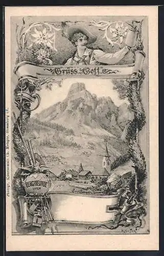 Künstler-AK Richard Moser: Gruss Gottes, Bergfreunde Wien, Ortschaft mit Berggipfel, Wandergepäck, Wanderer