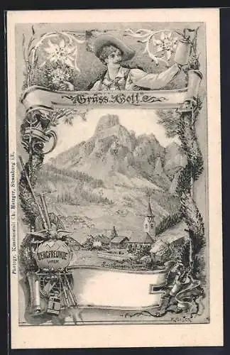 Künstler-AK Richard Moser: Gruss Gottes, Bergfreunde Wien, Ortschaft mit Berggipfel, Bergsteigergepäck, Wanderer