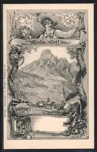 Künstler-AK Richard Moser: Gruss Gottes, Bergfreunde Wien, Ortschaft mit Berggipfel, Wandergepäck, Wanderer mit Bierkrug