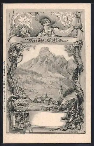 Künstler-AK Richard Moser: Gruss Gottes, Bergfreunde Wien, Ortschaft mit Berggipfel, Wandergepäck, Wanderer, Edelweiss