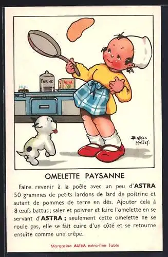 Künstler-AK Beatrice Mallet: Omelette Paysanne, die kleine Köchin wirft das Omelette in die Luft, Margarine Astra