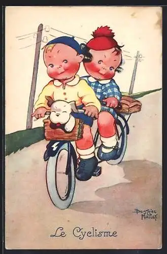 Künstler-AK Beatrice Mallet: Le Cyelisme, Kleines Paar mit Hund auf einem Tandem
