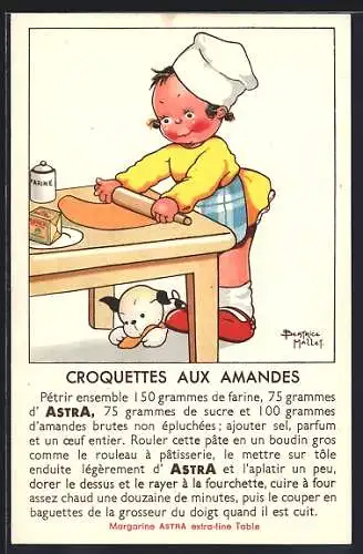 Künstler-AK Beatrice Mallet: Croquettes aux Amandes, Kleine Bäckerin und Hund, Astra-Margarine