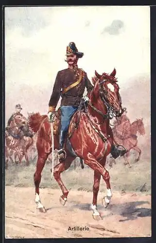 Künstler-AK Ludwig Koch: Reiter mit Säbel in schwarzer Uniform mit goldener Schärpe auf einem Pferd
