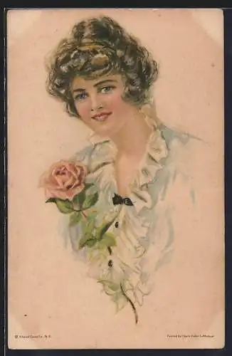Künstler-AK Pearle Fidler LeMunyan: Junge Dame mit Edelrose, American Girl No. 74