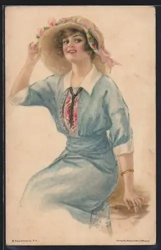 Künstler-AK Pearle Fidler LeMunyan: Lachende Frau mit Sonnenhut