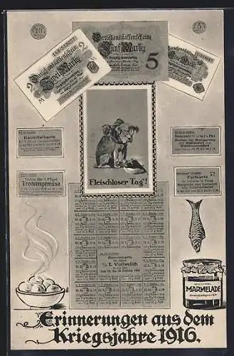 AK Kriegsjahr 1916, Fleischloser Tag: Hund mit Fressnapf, Klösse, Marmelade, Fisch, Kartoffelkarte