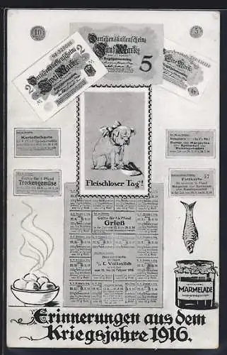 AK Erinnerungen aus dem Kriegsjahre 1916, Darlehenskassenschein, Fettkarte