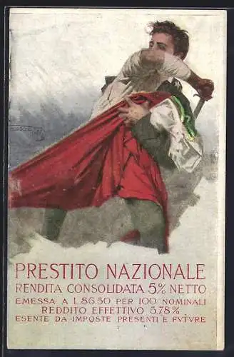 AK Prestito Nazionale, Schwertkämpfer mit italienischer Flagge, rückseitig Engel mit Flaggen