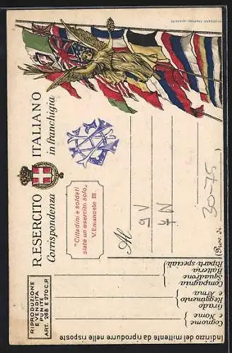 AK Prestito Nazionale, Schwertkämpfer mit italienischer Flagge, rückseitig Engel mit Flaggen