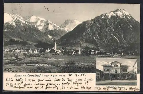 AK Oberstdorf i. Allgäu, Geschäftshaus Claudius Vogler, Ortspanorama mit Bergen