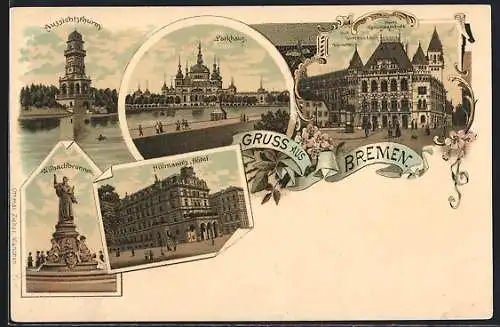 Lithographie Bremen, Hillmanns Hotel, Gerichtsgebäude mit Gustav-Adolf-Denkmal