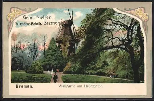 Lithographie Bremen, Wallpartie am Heerdentor mit Windmühle, Ornamente, Reklame Reisstärke-Fabrik Gebr. Nielsen
