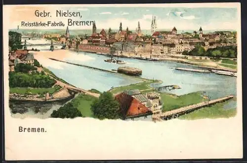 Lithographie Bremen, Ortsansicht aus der Vogelschau