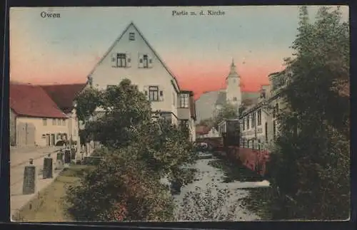 AK Owen, Ortspartie mit Strasse, Brücke u. Kirche aus der Vogelschau