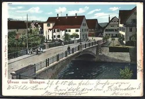 AK Uhingen, Brückenpartie mit Häuserpanorama aus der Vogelschau