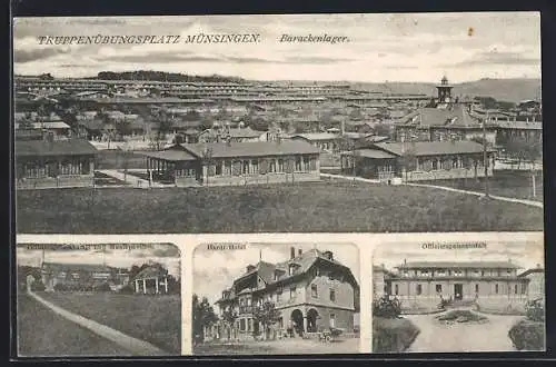 AK Münsingen, Truppenübungsplatz, Hardt-Hotel, Offizierspeiseanstalt, Barackenlager aus der Vogelschau