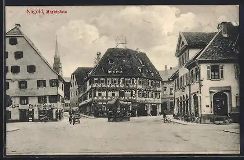 AK Nagold, Marktplatz mit Strassen, Geschäftshaus Friedrich Schmid, Kirche u. Brunnnen