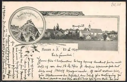 AK Hausen a. A., Ortspanorama mit Kirche, Ruine Hohenkrähen, Ornament
