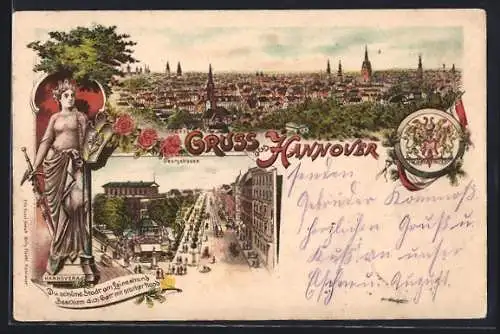 Lithographie Hannover, Panorama, Georgstrasse, Strassenbahn, Stadtwappen, Hannovera