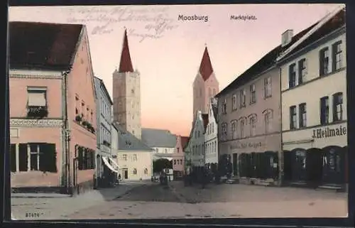 AK Moosburg, Marktplatz mit Geschäft J. Heilmaier und Türmen