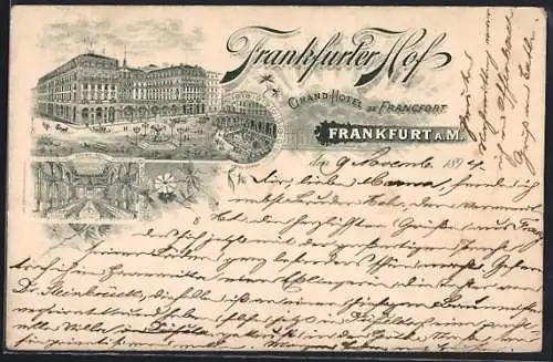 Vorläufer-Lithographie Frankfurt a. M., 1894, Grand-Hotel Frankfurter Hof mit Springbrunnen u. Strasse, Ballsaal, Hotel