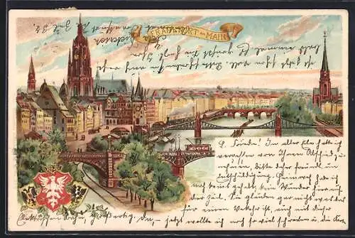 Lithographie Frankfurt a. M., Teilansicht mit Brücken, Wappen