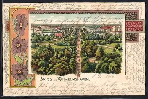 Lithographie Wilhelmshaven, Adalbertstrasse mit Denkmal