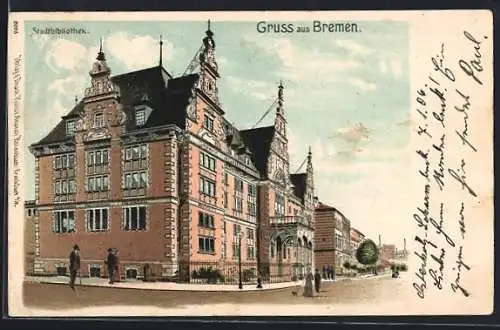 Lithographie Bremen, Stadtbibliothek mit Strasse