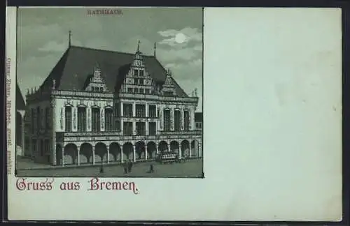 Mondschein-Lithographie Bremen, Rathaus mit Strasse u. Pferdebahn