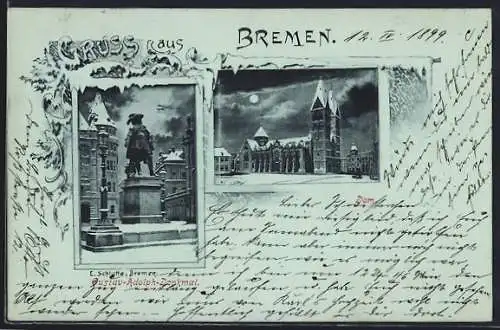 Mondschein-AK Bremen, Gustav-Adolph-Denkmal, Dom-Panorama, Schnee-Ornamente