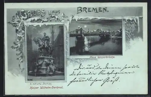 Mondschein-AK Bremen, Kaiser Wilhelm-Denkmal, Neue Weserbrücke mit Stadtpanorama, Schnee-Ornamente