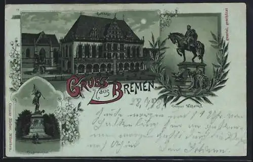 Mondschein-Lithographie Bremen, Rathaus mit Kirche, Kriegerdenkmal, Denkmal Wilhelm I. im Lorbeerkranz