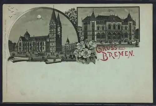 Mondschein-Lithographie Bremen, Dom-Panorama mit Pferdebahn, Börse