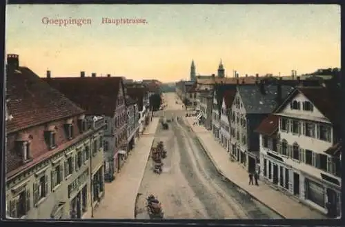 AK Goeppingen, Hauptstrasse mit Türmen aus der Vogelschau, Fuhrwerke
