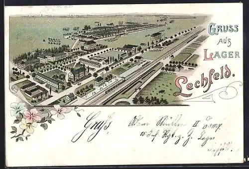 Lithographie Lager Lechfeld, Gesamtansicht mit Bahnhof aus der Vogelschau