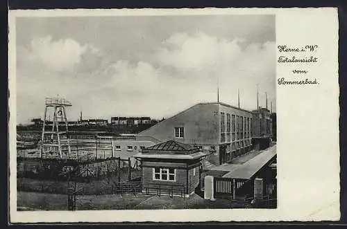 AK Herne i. W., Sommerbad mit Sprungturm, Eingang u. Gebäude aus der Vogelschau