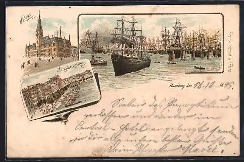 Lithographie Hamburg, Jungfernstieg, Hafen mit Schiffe, Neues Rathaus
