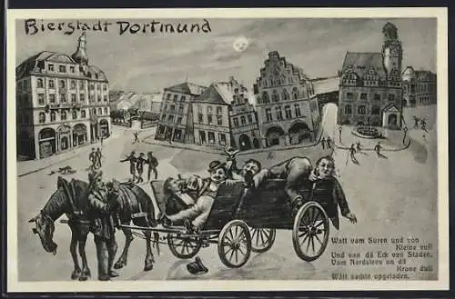 Wirtshaus-AK Dortmund, Betrunkene Männer in einer Kutsche mit Gedicht