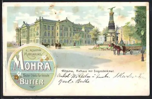 Lithographie Hamburg-Altona, Rathaus mit Siegesdenkmal mit Reklame für Mohr`sche Margarine