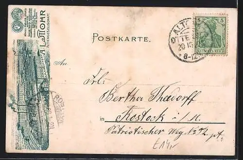 Lithographie Hamburg-Altona, Rathaus mit Siegesdenkmal mit Reklame für Mohr`sche Margarine