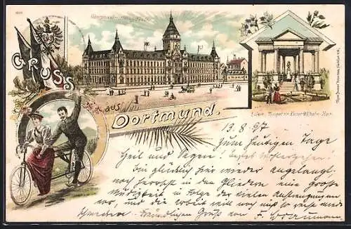 Lithographie Dortmund, Oberpostdirectionsgebäude und Luisen-Tempel im Kaiser-Wilhelm-Hain