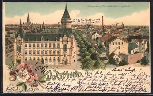 Lithographie Dortmund, Blick über die Stadt am Hiltropwall mit der Oberpostdirektion