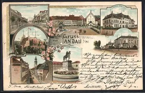 Lithographie Landau i. Pf., Luitpold-Brunnen, Madenburg, Ostbahn-Strasse
