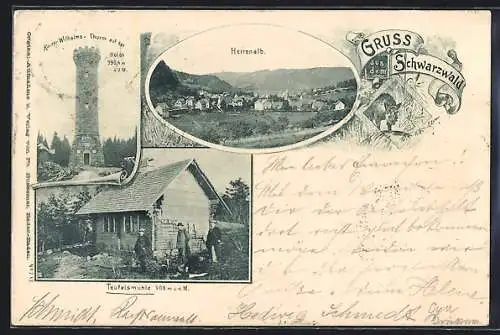 AK Herrenalb /Schwarzwald, Ortsansicht mit Teufelsmühle und Kaiser Wilhelms-Thurm