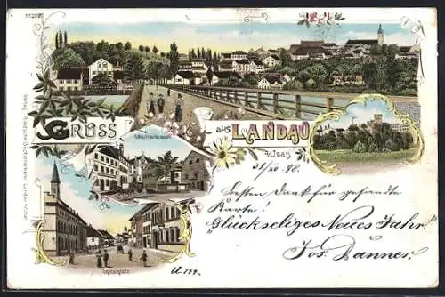 Lithographie Landau a. Isar, Spitalplatz und Sebastianbrunnen