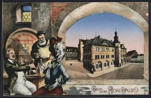 Passepartout-AK Nordhausen, Ortsansicht, Echter Nordhäuser Kernbrantwein