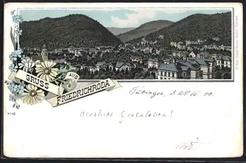 Lithographie Friedrichroda, Panoramablick über die Dächer der Stadt